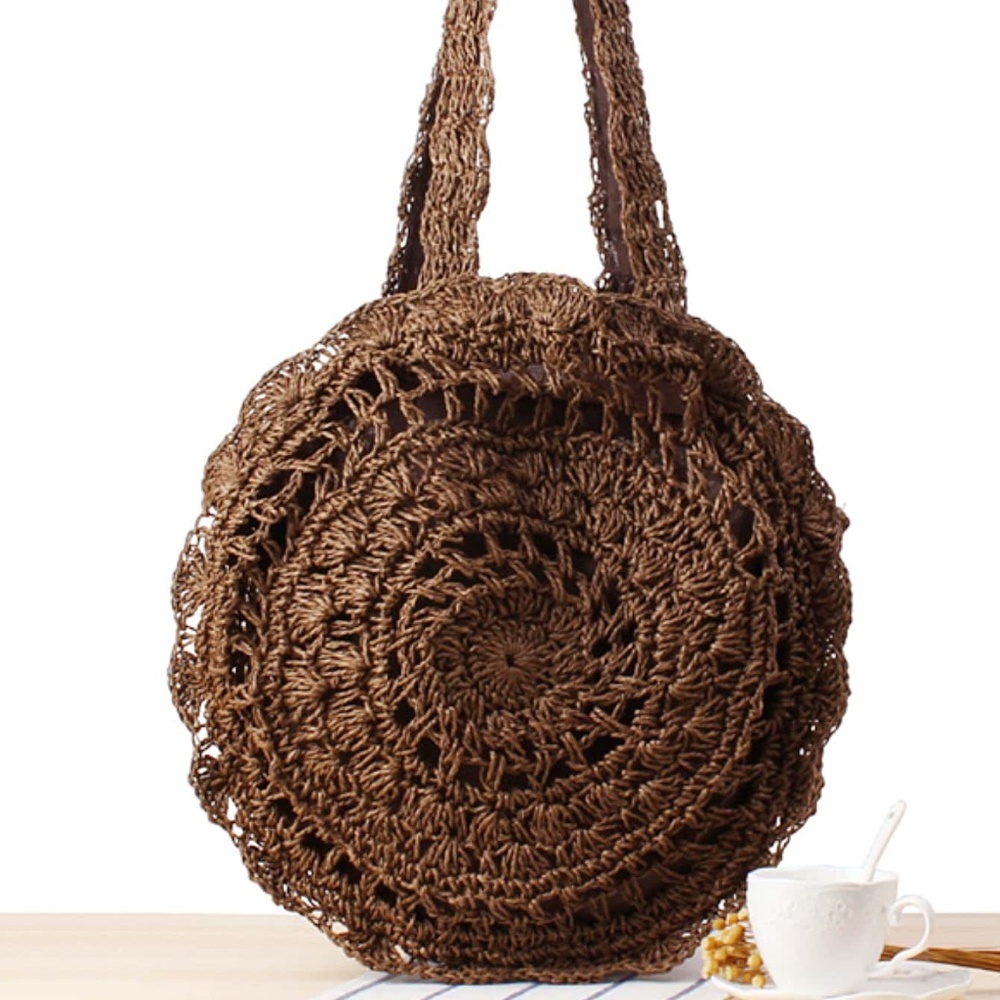 Boho Coffee Brown Straw Round Bag - Picture 2 of 7